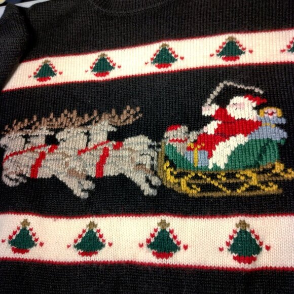 South Wool Christmas Sweater M Hand Loomed New Wool Santa Sleigh Reindeer - Picture 6 of 13